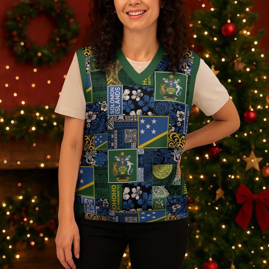 Solomon Islands Meri Kirihimete Christmas Knitted V-Neck Vest Pacific Patchwork Xmas Vibes - Polynesian Pride