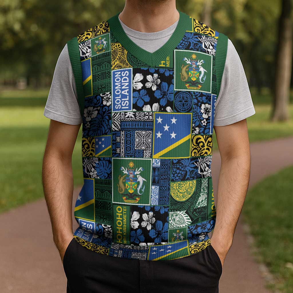 Solomon Islands Meri Kirihimete Christmas Knitted V-Neck Vest Pacific Patchwork Xmas Vibes - Polynesian Pride