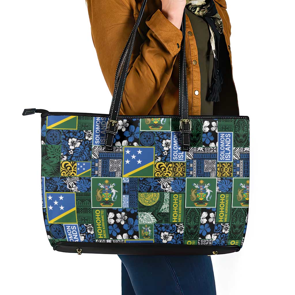Solomon Islands Meri Kirihimete Leather Tote Bag Pacific Patchwork Xmas Vibes - Polynesian Pride