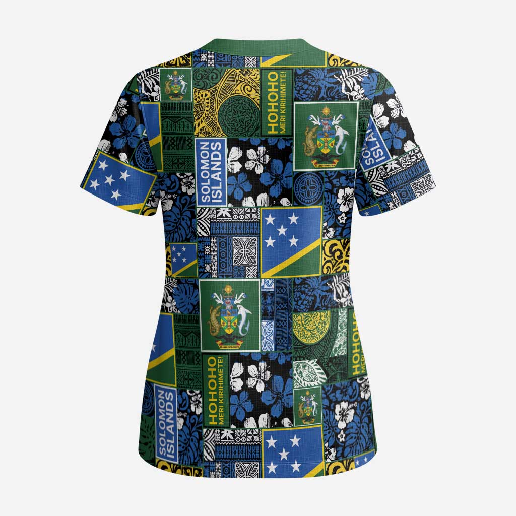 Solomon Islands Meri Kirihimete Scrub Top Pacific Patchwork Xmas Vibes - Polynesian Pride