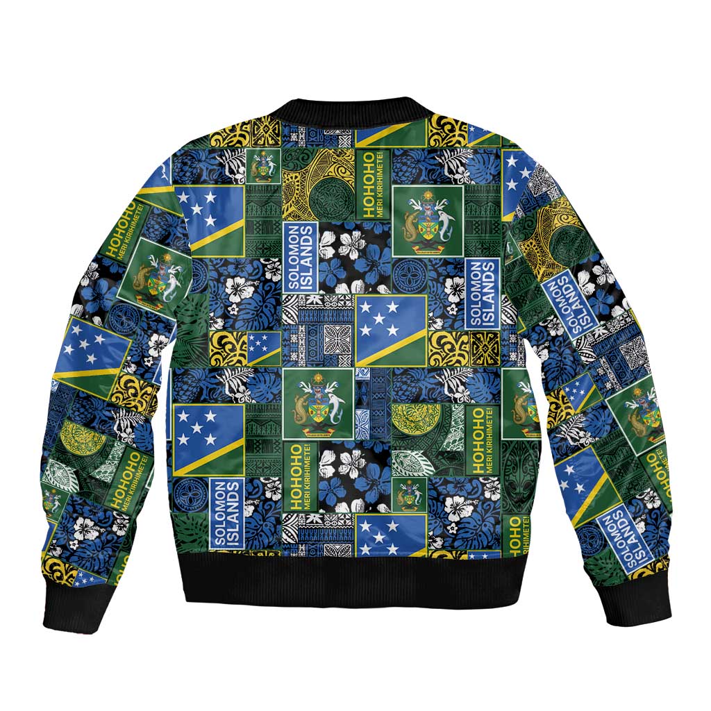 Solomon Islands Meri Kirihimete Sleeve Zip Bomber Jacket Pacific Patchwork Xmas Vibes - Polynesian Pride