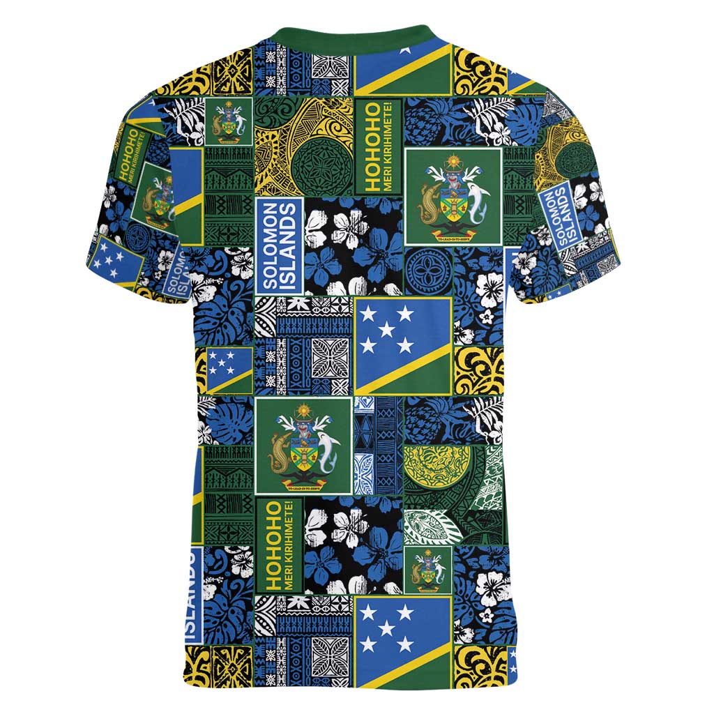 Solomon Islands Meri Kirihimete Women V-Neck T-Shirt Pacific Patchwork Xmas Vibes - Polynesian Pride