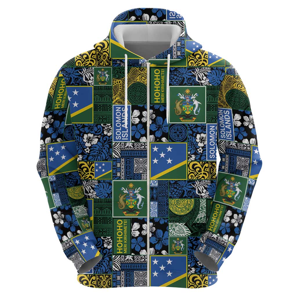 Solomon Islands Meri Kirihimete Zip Hoodie Pacific Patchwork Xmas Vibes - Polynesian Pride