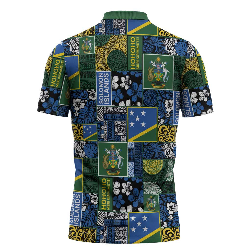 Solomon Islands Meri Kirihimete Zipper Polo Shirt Pacific Patchwork Xmas Vibes - Polynesian Pride
