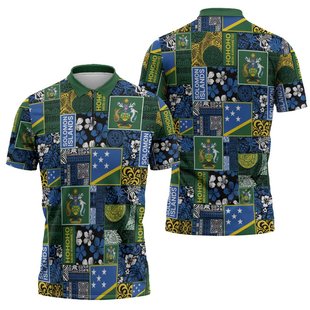 Solomon Islands Meri Kirihimete Zipper Polo Shirt Pacific Patchwork Xmas Vibes - Polynesian Pride