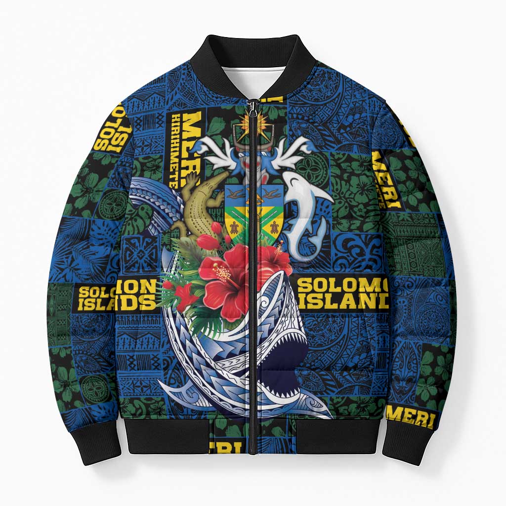 Solomon Islands Meri Kirihimete Bomber Puffer Jacket Funny Santa Riding Shark - Polynesian Pride