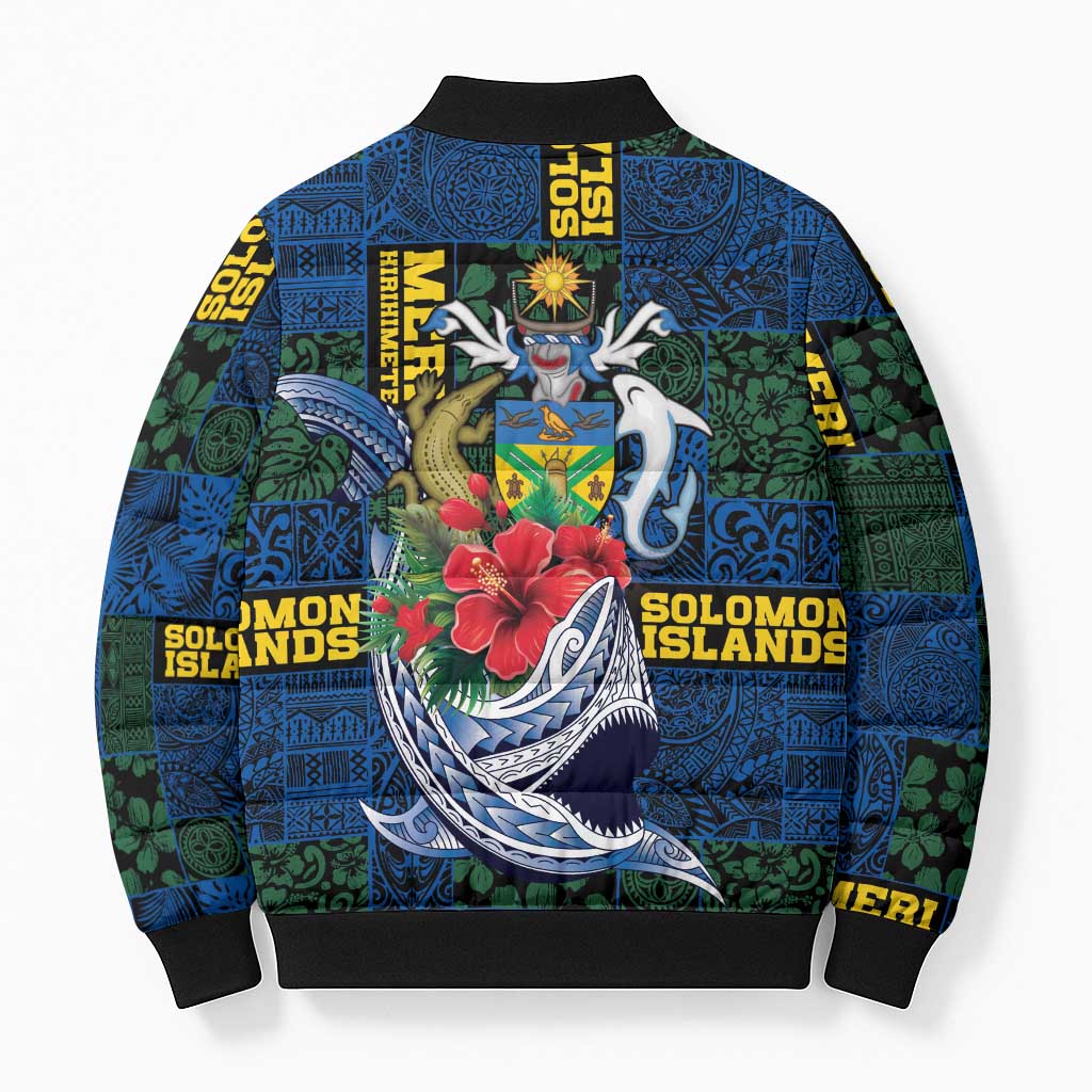 Solomon Islands Meri Kirihimete Bomber Puffer Jacket Funny Santa Riding Shark - Polynesian Pride