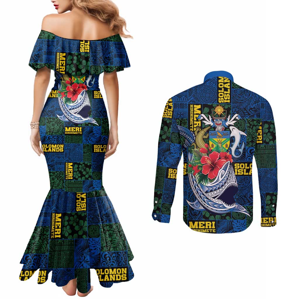 Solomon Islands Meri Kirihimete Couples Matching Mermaid Dress and Long Sleeve Button Shirt Funny Santa Riding Shark - Polynesian Pride