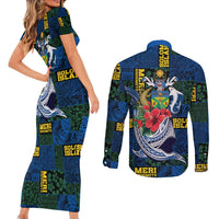 Solomon Islands Meri Kirihimete Couples Matching Short Sleeve Bodycon Dress and Long Sleeve Button Shirt Funny Santa Riding Shark - Polynesian Pride