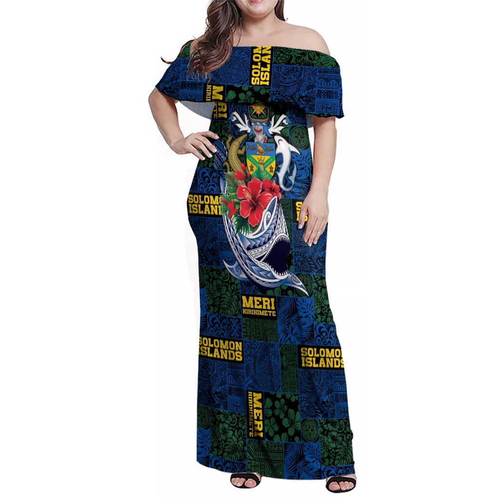 Solomon Islands Meri Kirihimete Family Matching Off Shoulder Maxi Dress and Hawaiian Shirt Funny Santa Riding Shark - Polynesian Pride