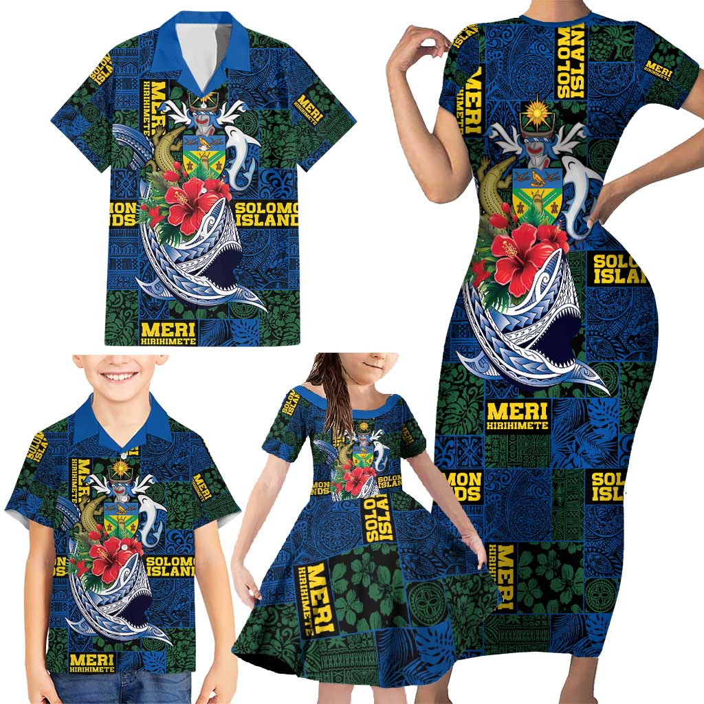 Solomon Islands Meri Kirihimete Family Matching Short Sleeve Bodycon Dress and Hawaiian Shirt Funny Santa Riding Shark - Polynesian Pride