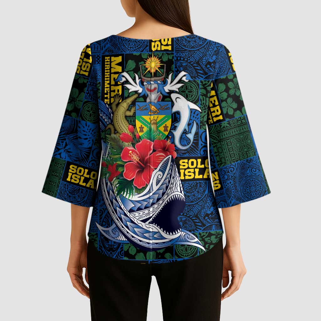 Solomon Islands Meri Kirihimete Kimono Sleeve Blouse Funny Santa Riding Shark - Polynesian Pride