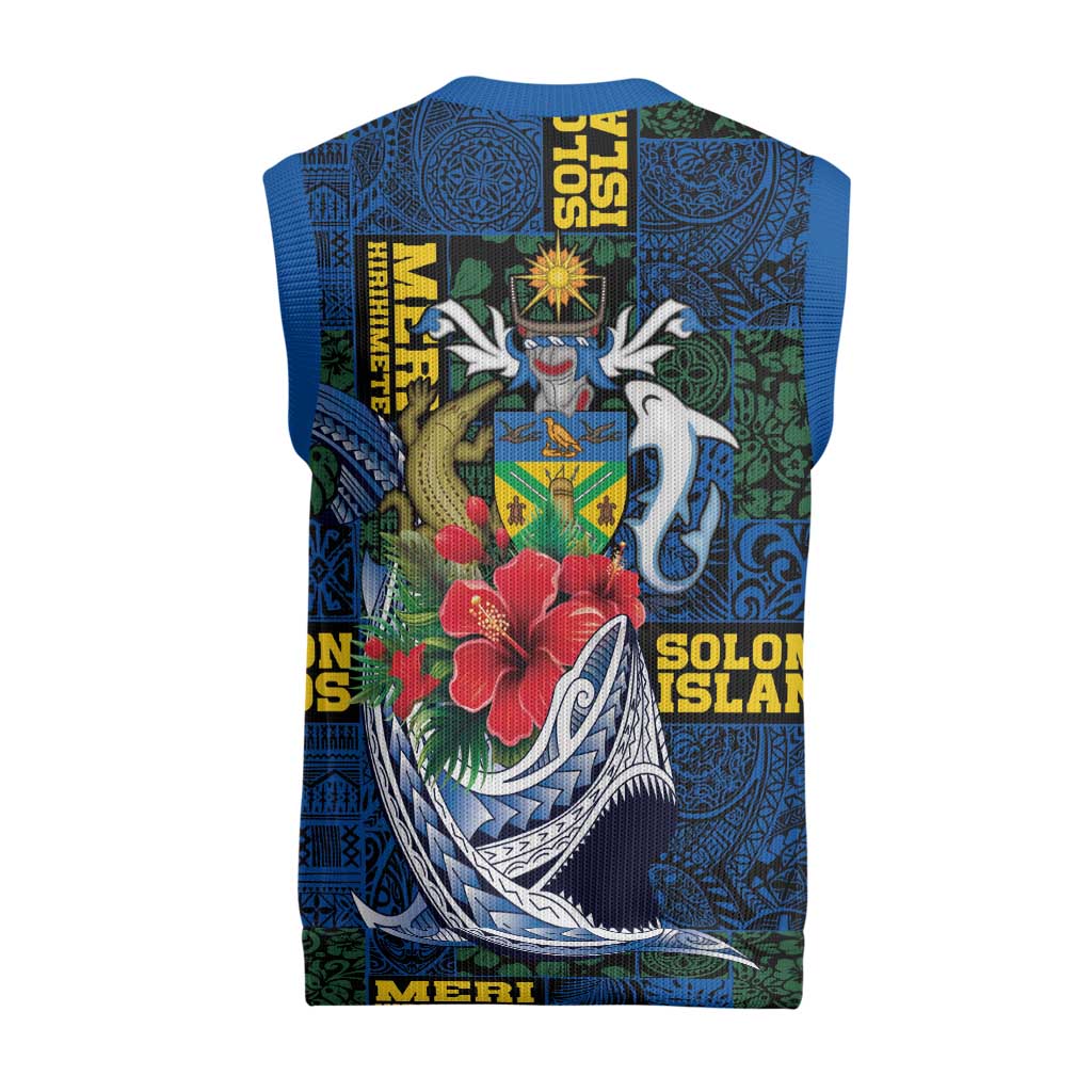 Solomon Islands Meri Kirihimete Christmas Knitted V-Neck Vest Funny Santa Riding Shark - Polynesian Pride