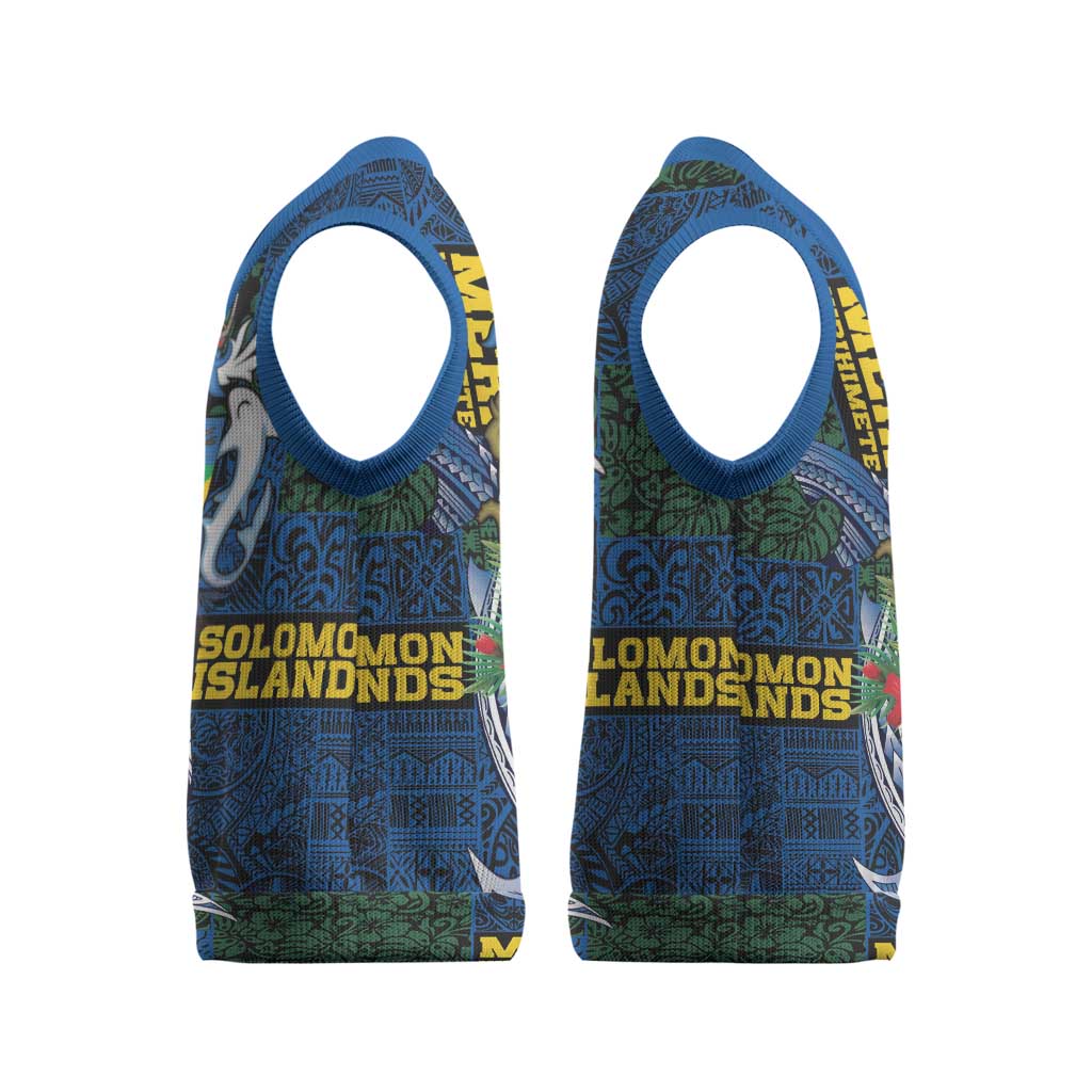 Solomon Islands Meri Kirihimete Christmas Knitted V-Neck Vest Funny Santa Riding Shark - Polynesian Pride