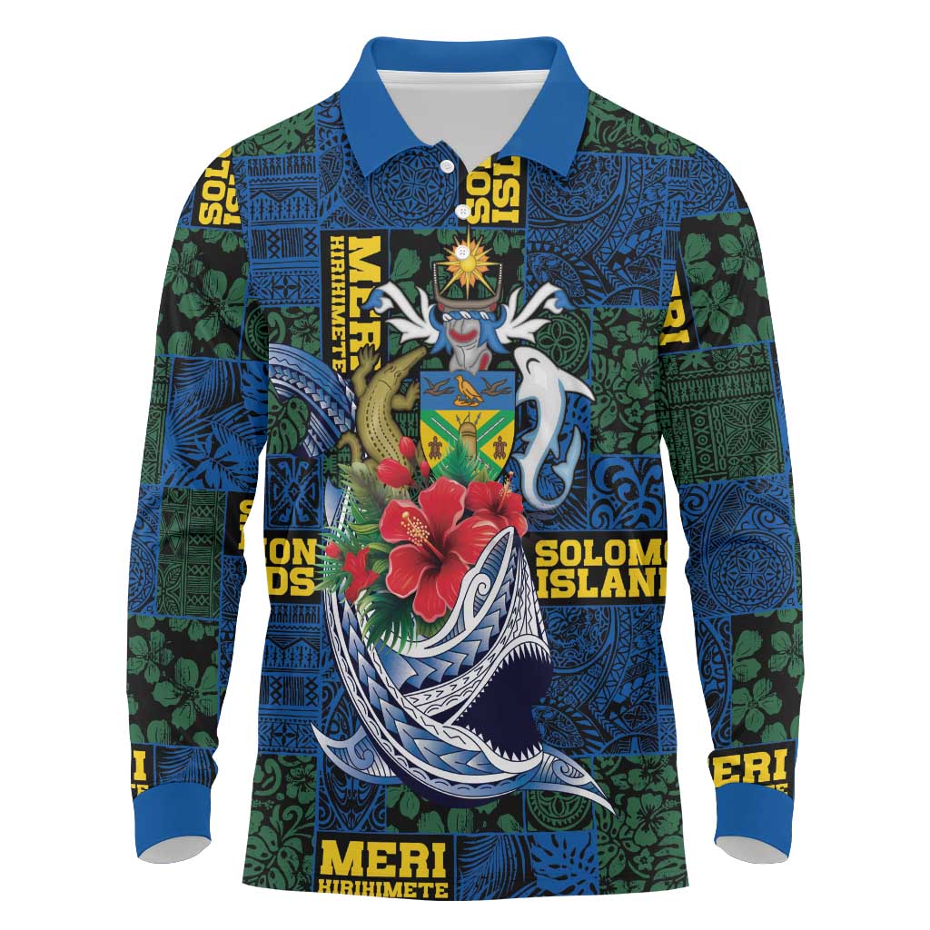 Solomon Islands Meri Kirihimete Long Sleeve Polo Shirt Funny Santa Riding Shark - Polynesian Pride