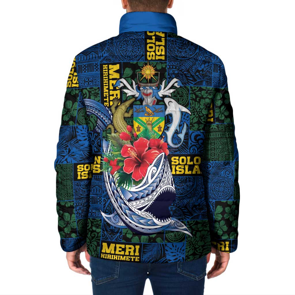 Solomon Islands Meri Kirihimete Padded Jacket Funny Santa Riding Shark - Polynesian Pride
