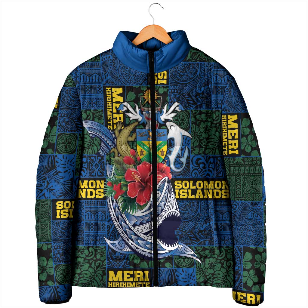 Solomon Islands Meri Kirihimete Padded Jacket Funny Santa Riding Shark - Polynesian Pride