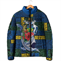 Solomon Islands Meri Kirihimete Padded Jacket Funny Santa Riding Shark - Polynesian Pride