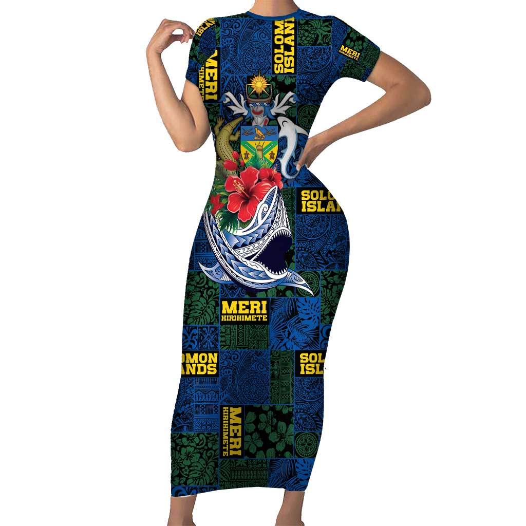 Solomon Islands Meri Kirihimete Short Sleeve Bodycon Dress Funny Santa Riding Shark - Polynesian Pride