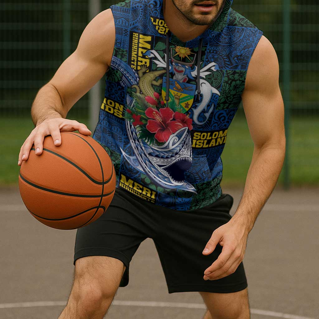 Solomon Islands Meri Kirihimete Sleeveless Hoodie Funny Santa Riding Shark - Polynesian Pride
