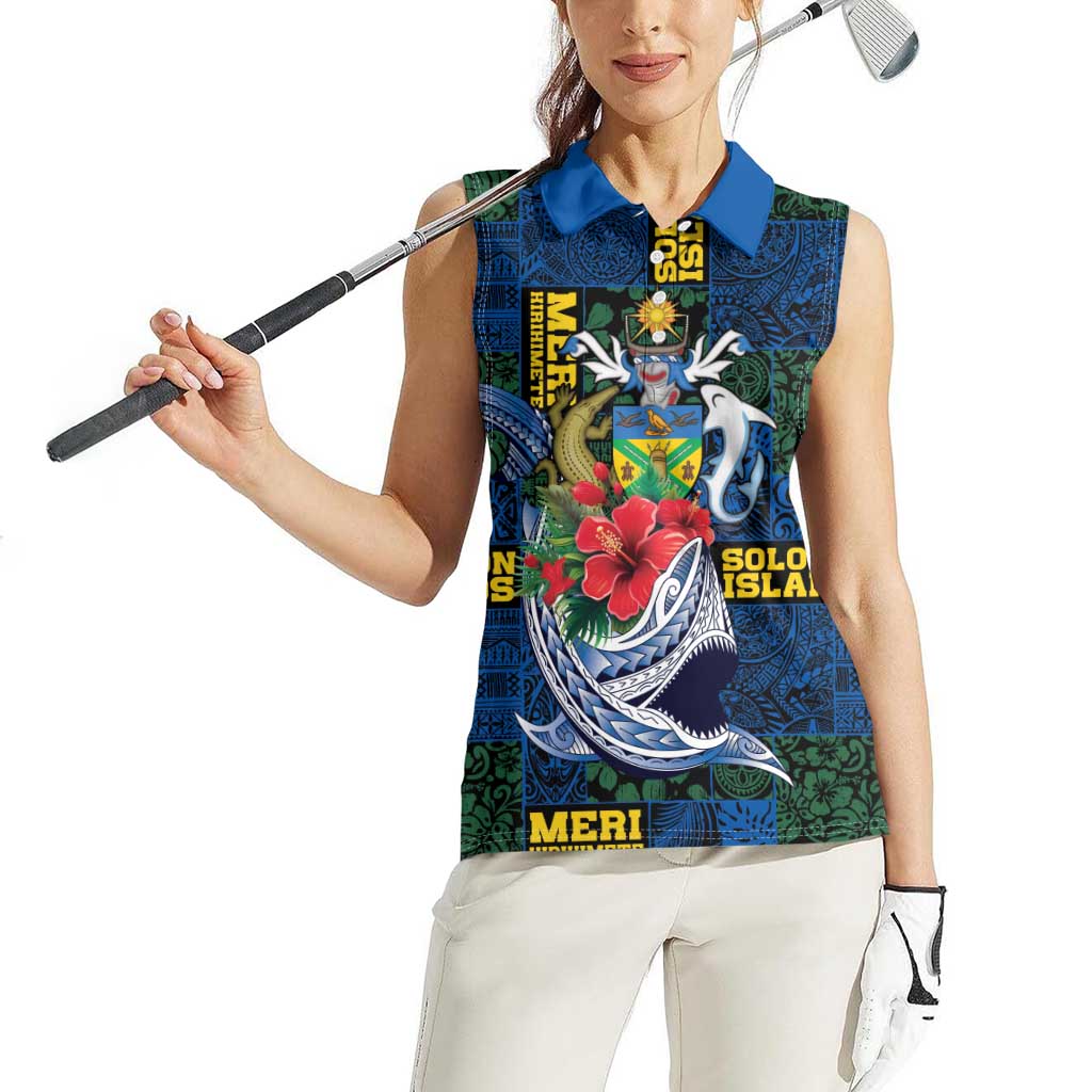 Solomon Islands Meri Kirihimete Women Sleeveless Polo Shirt Funny Santa Riding Shark - Polynesian Pride