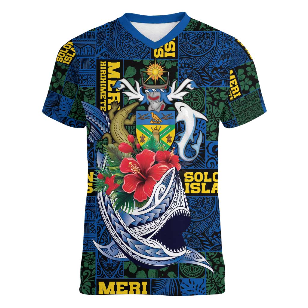 Solomon Islands Meri Kirihimete Women V-Neck T-Shirt Funny Santa Riding Shark - Polynesian Pride