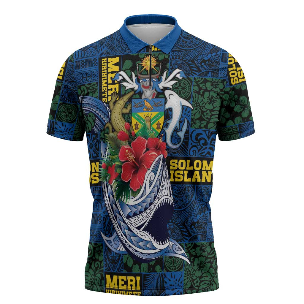 Solomon Islands Meri Kirihimete Zipper Polo Shirt Funny Santa Riding Shark - Polynesian Pride