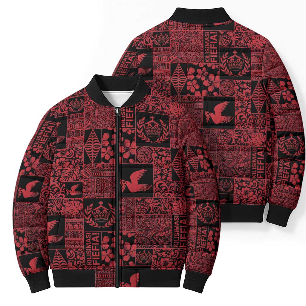 Black Tonga Kilisimasi Fiefia Bomber Puffer Jacket Pacific Patchwork Xmas Vibes - Polynesian Pride