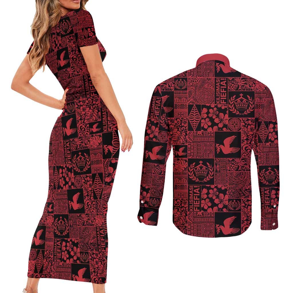 Black Tonga Kilisimasi Fiefia Couples Matching Short Sleeve Bodycon Dress and Long Sleeve Button Shirt Pacific Patchwork Xmas Vibes - Polynesian Pride