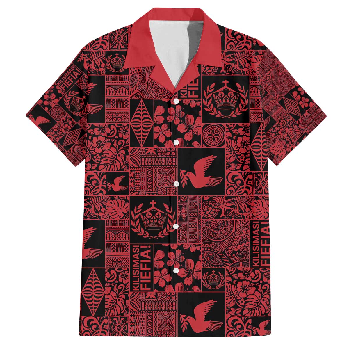 Black Tonga Kilisimasi Fiefia Family Matching Off The Shoulder Long Sleeve Dress and Hawaiian Shirt Pacific Patchwork Xmas Vibes - Polynesian Pride