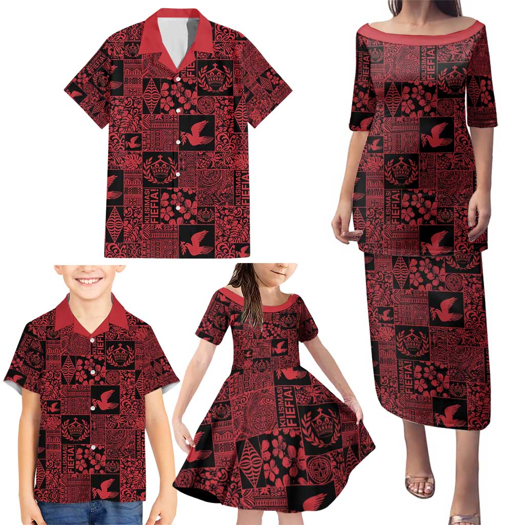 Black Tonga Kilisimasi Fiefia Family Matching Puletasi and Hawaiian Shirt Pacific Patchwork Xmas Vibes - Polynesian Pride