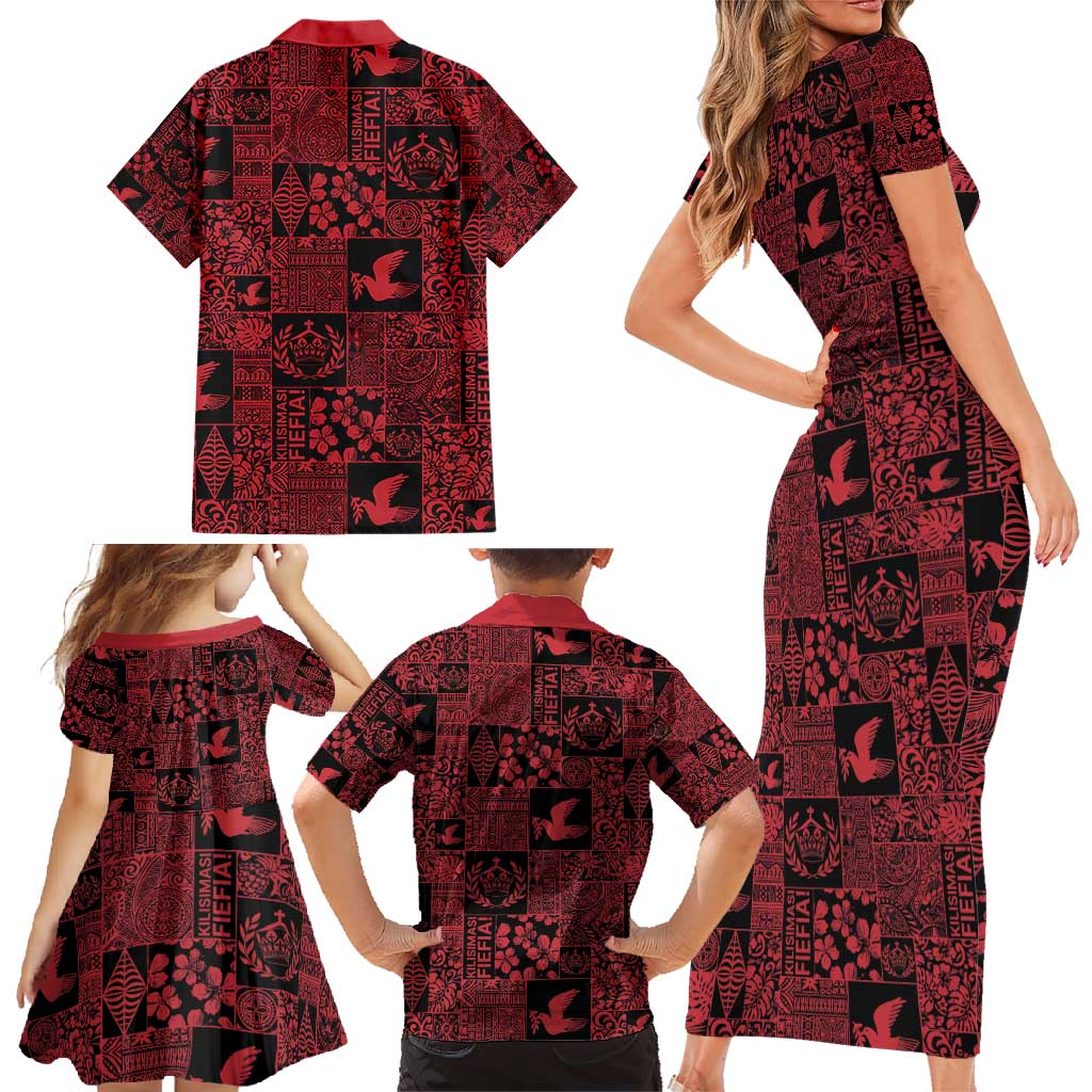 Black Tonga Kilisimasi Fiefia Family Matching Short Sleeve Bodycon Dress and Hawaiian Shirt Pacific Patchwork Xmas Vibes - Polynesian Pride