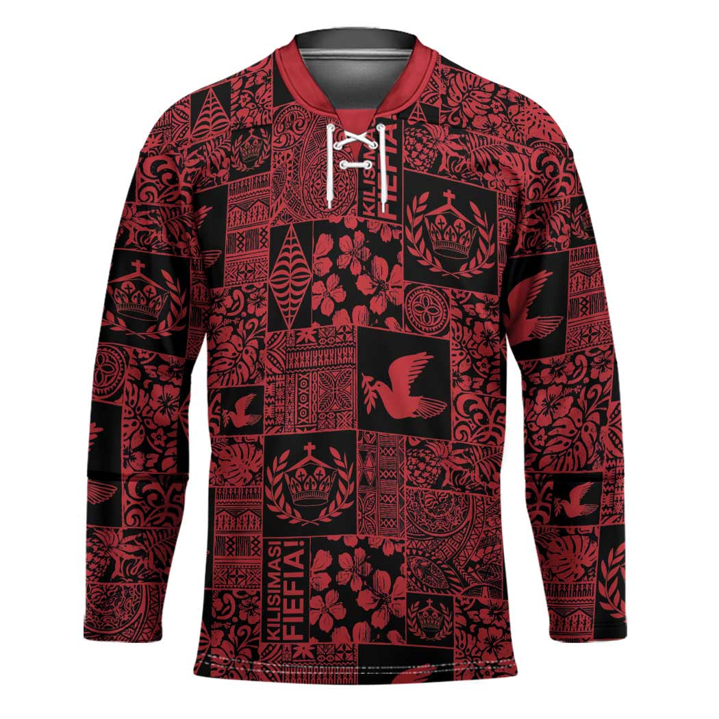 Black Tonga Kilisimasi Fiefia Hockey Jersey Pacific Patchwork Xmas Vibes - Polynesian Pride