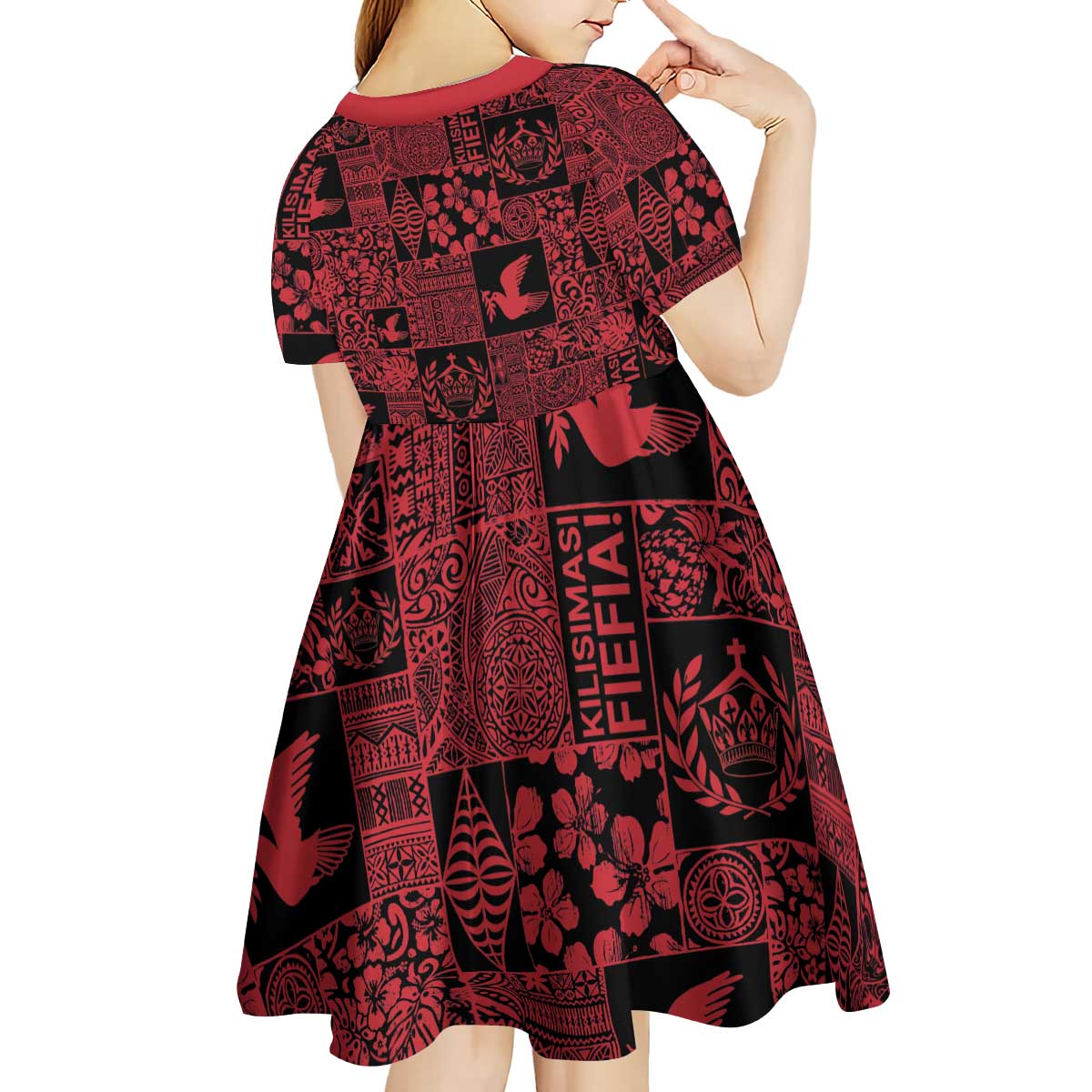 Black Tonga Kilisimasi Fiefia Kid Short Sleeve Dress Pacific Patchwork Xmas Vibes - Polynesian Pride
