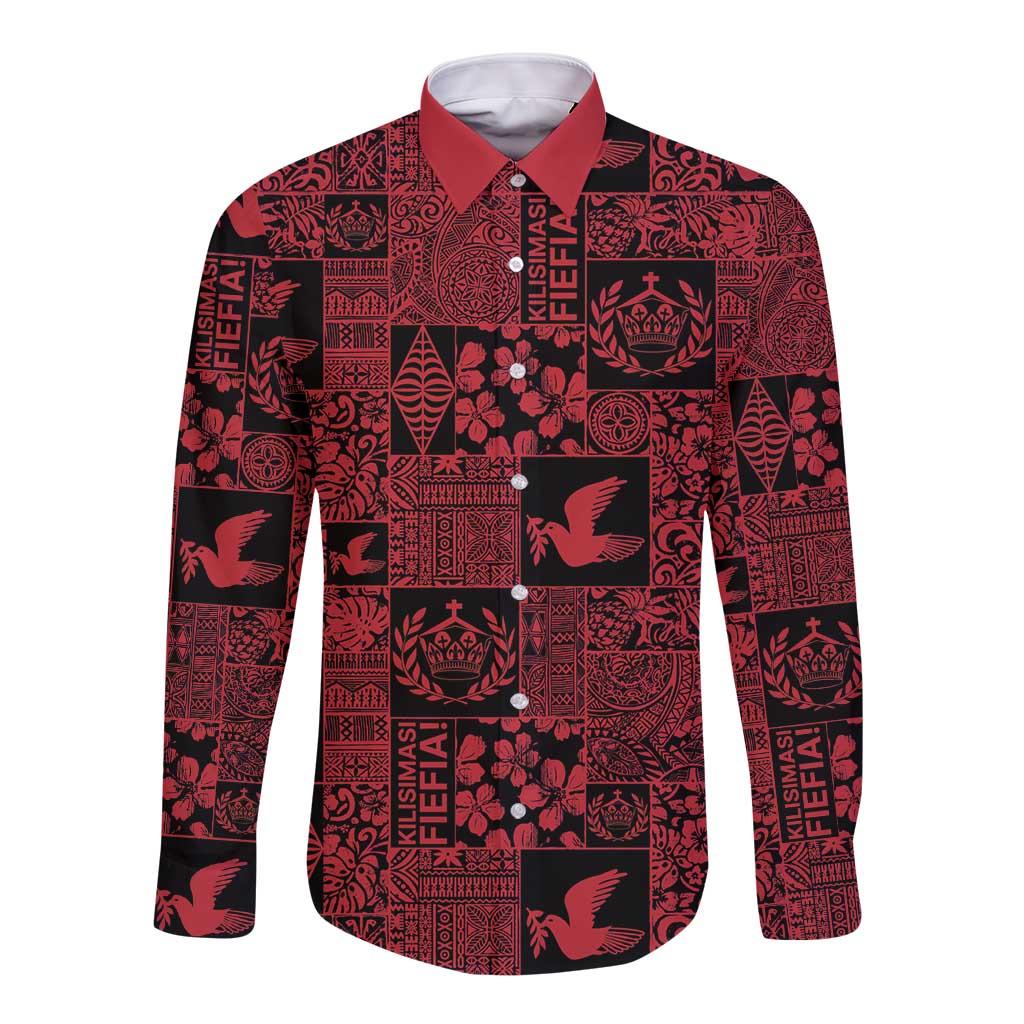 Black Tonga Kilisimasi Fiefia Long Sleeve Button Shirt Pacific Patchwork Xmas Vibes - Polynesian Pride