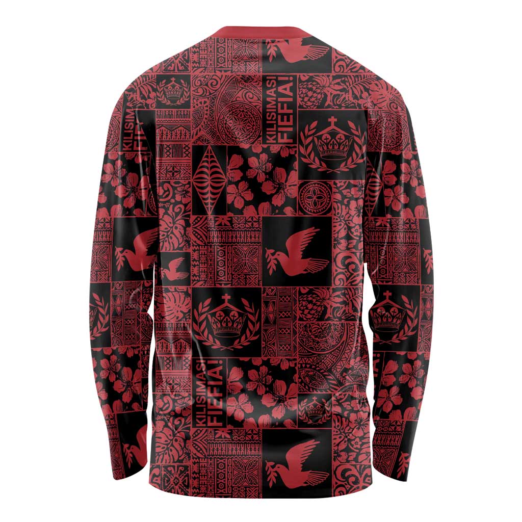Black Tonga Kilisimasi Fiefia Long Sleeve Shirt Pacific Patchwork Xmas Vibes - Polynesian Pride