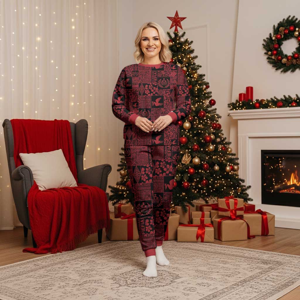 Black Tonga Kilisimasi Fiefia Christmas Pajama Set Pacific Patchwork Xmas Vibes - Polynesian Pride