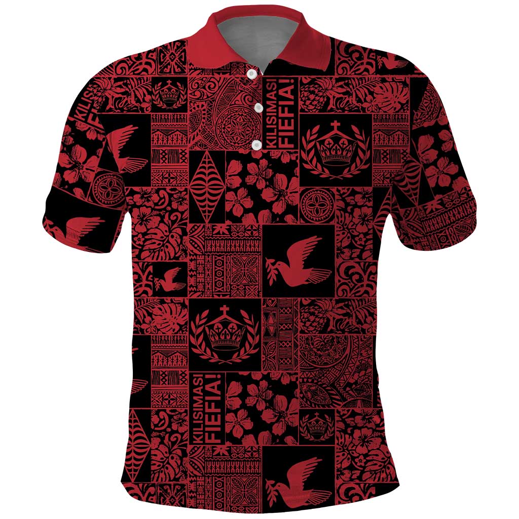 Black Tonga Kilisimasi Fiefia Polo Shirt Pacific Patchwork Xmas Vibes - Polynesian Pride