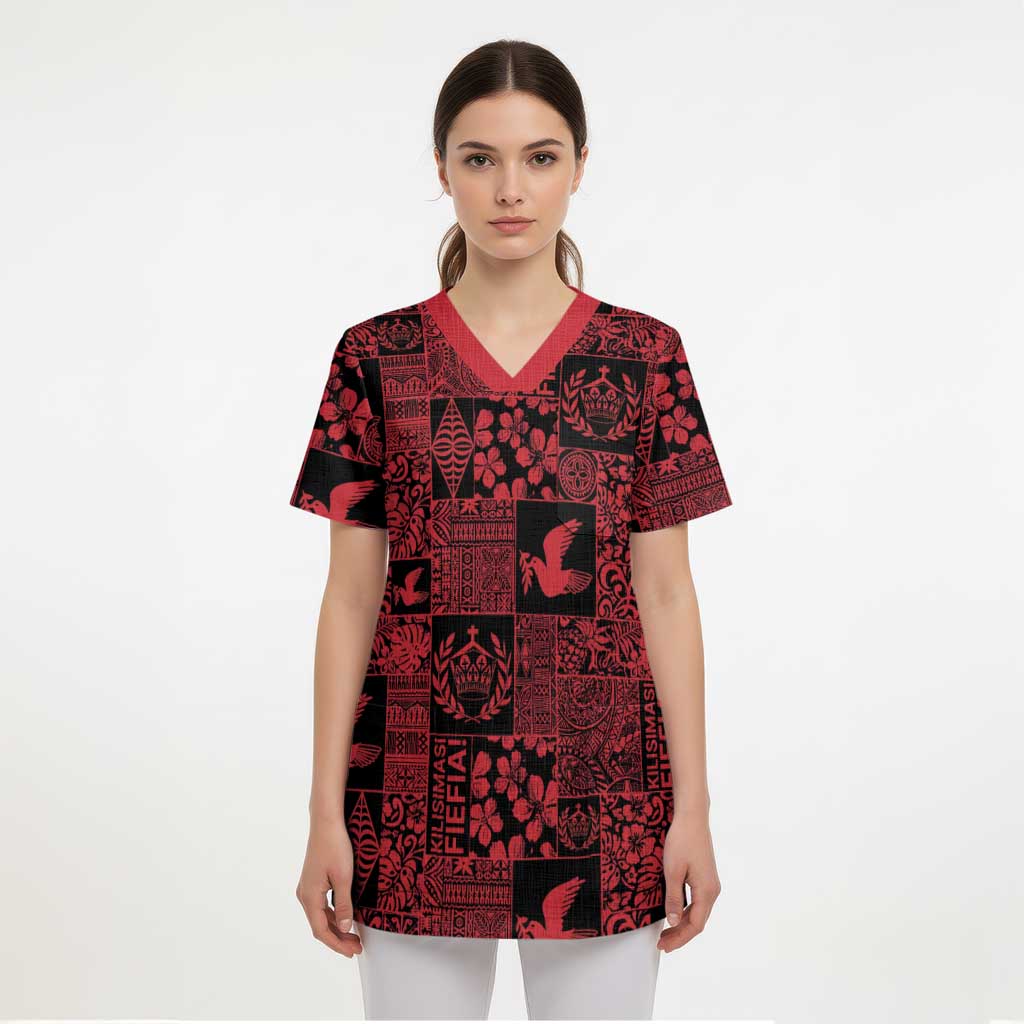 Black Tonga Kilisimasi Fiefia Scrub Top Pacific Patchwork Xmas Vibes - Polynesian Pride