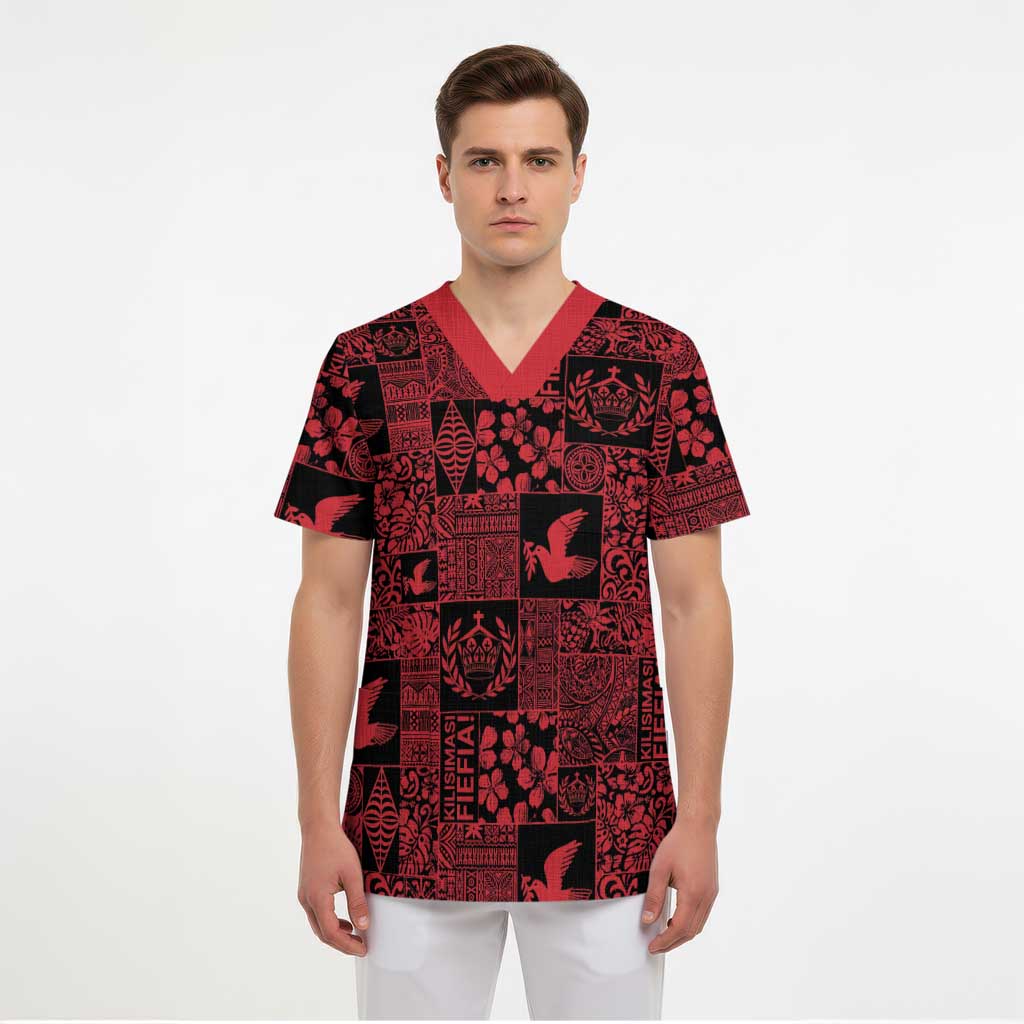 Black Tonga Kilisimasi Fiefia Scrub Top Pacific Patchwork Xmas Vibes - Polynesian Pride