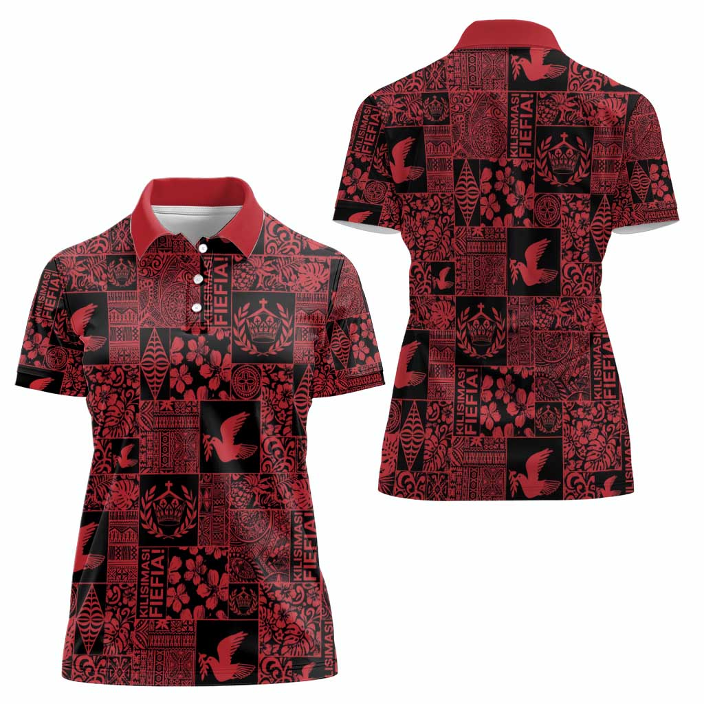 Black Tonga Kilisimasi Fiefia Women Polo Shirt Pacific Patchwork Xmas Vibes - Polynesian Pride