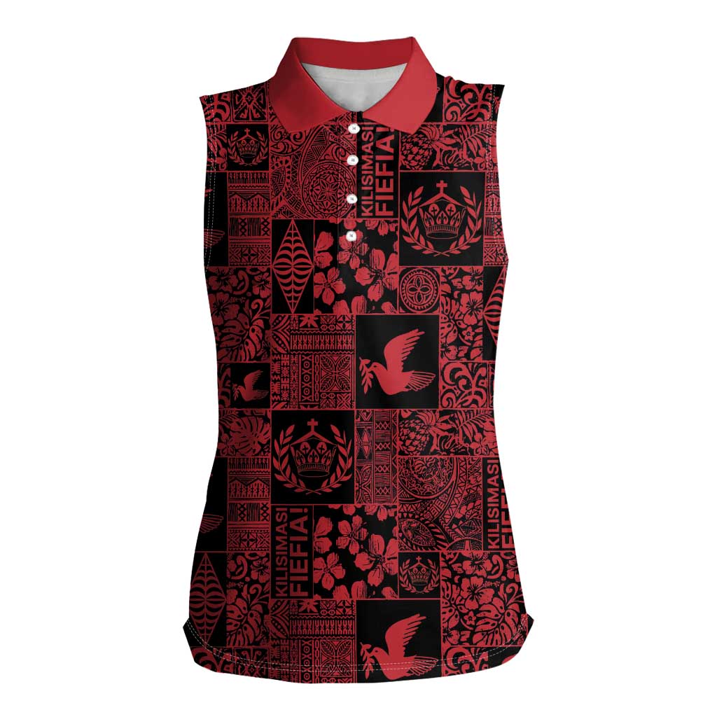Black Tonga Kilisimasi Fiefia Women Sleeveless Polo Shirt Pacific Patchwork Xmas Vibes - Polynesian Pride