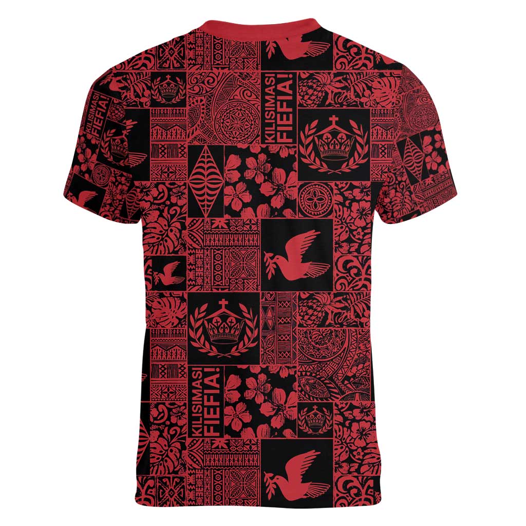 Black Tonga Kilisimasi Fiefia Women V-Neck T-Shirt Pacific Patchwork Xmas Vibes - Polynesian Pride