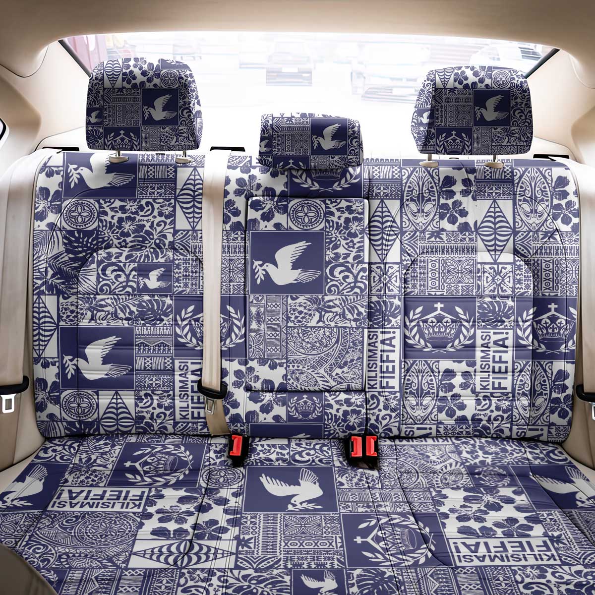 Blue Tonga Kilisimasi Fiefia Back Car Seat Cover Pacific Patchwork Xmas Vibes - Polynesian Pride