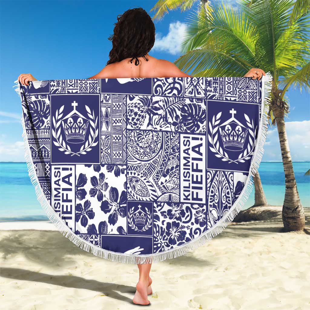 Blue Tonga Kilisimasi Fiefia Beach Blanket Pacific Patchwork Xmas Vibes - Polynesian Pride
