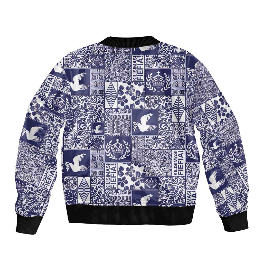 Blue Tonga Kilisimasi Fiefia Bomber Jacket Pacific Patchwork Xmas Vibes - Polynesian Pride