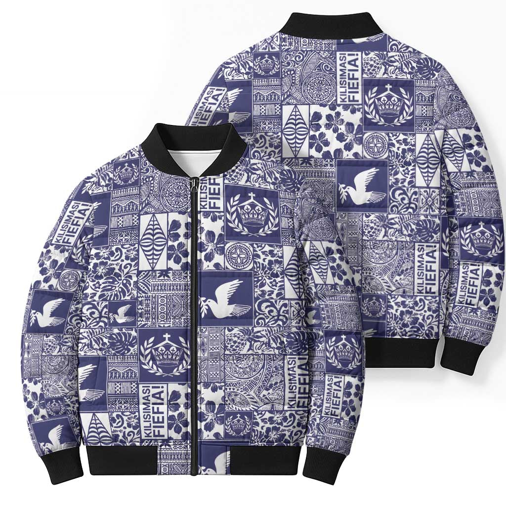 Blue Tonga Kilisimasi Fiefia Bomber Puffer Jacket Pacific Patchwork Xmas Vibes - Polynesian Pride