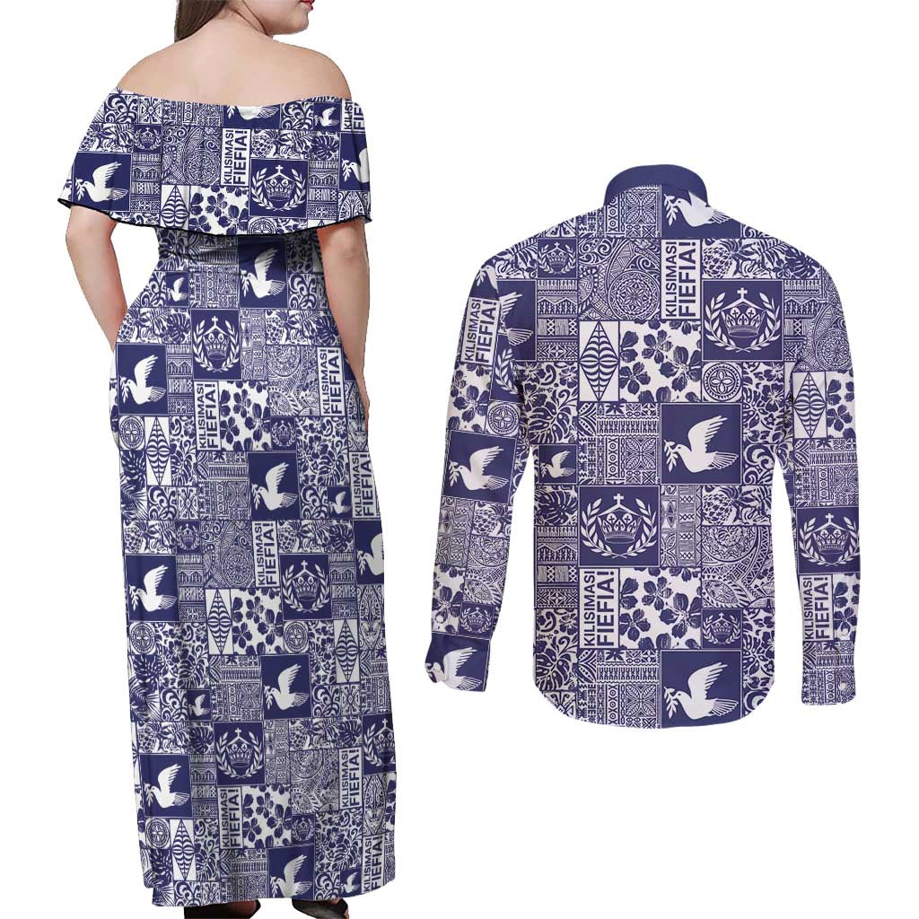 Blue Tonga Kilisimasi Fiefia Couples Matching Off Shoulder Maxi Dress and Long Sleeve Button Shirt Pacific Patchwork Xmas Vibes - Polynesian Pride