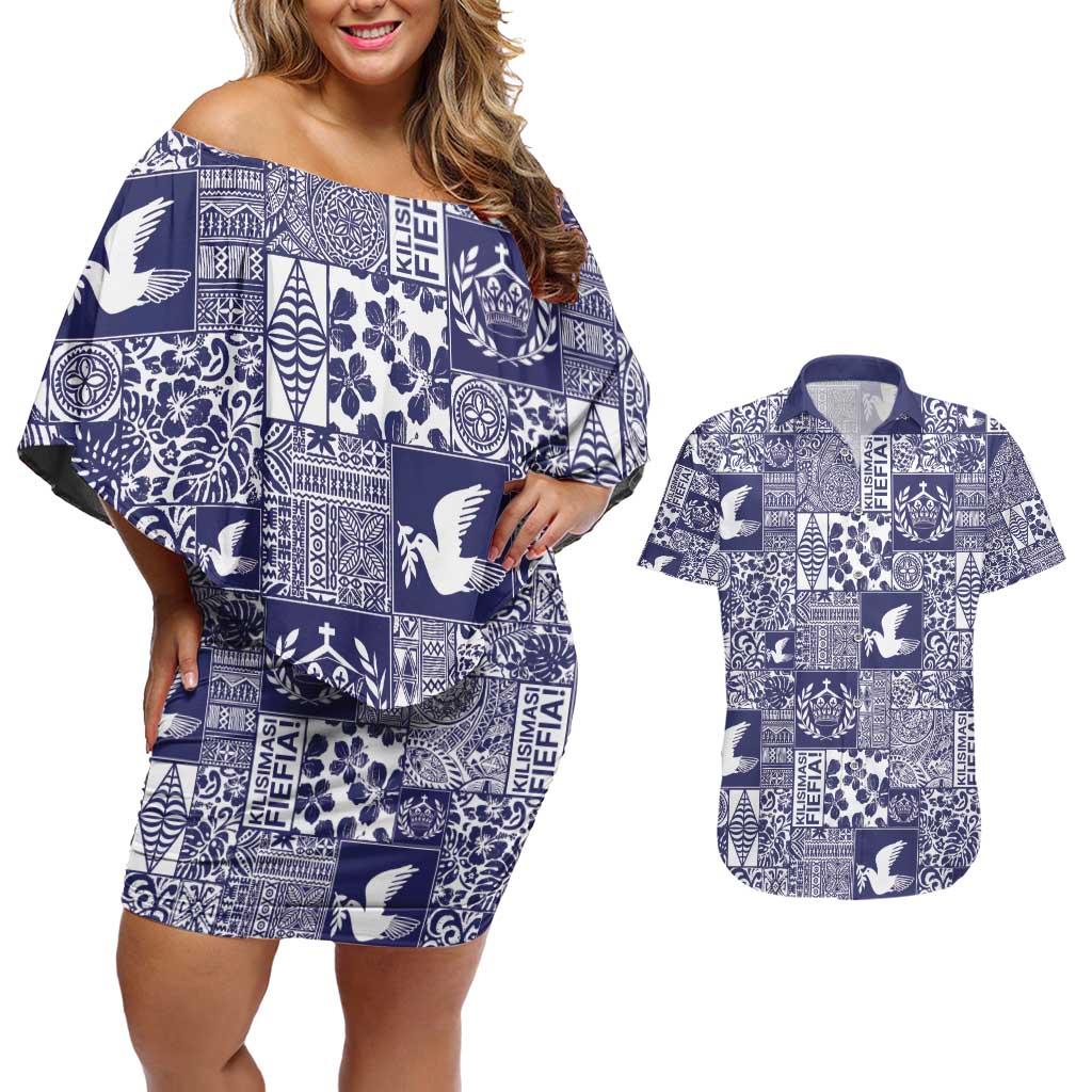 Blue Tonga Kilisimasi Fiefia Couples Matching Off Shoulder Short Dress and Hawaiian Shirt Pacific Patchwork Xmas Vibes - Polynesian Pride