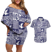 Blue Tonga Kilisimasi Fiefia Couples Matching Off Shoulder Short Dress and Hawaiian Shirt Pacific Patchwork Xmas Vibes - Polynesian Pride